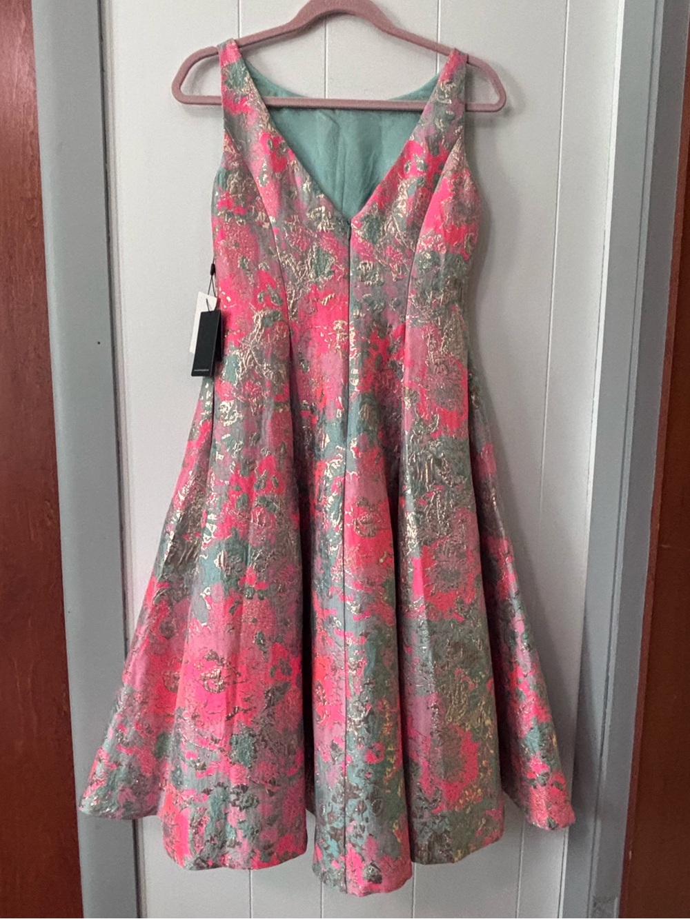 Adrianna Papell Pink/Teal/Gold Floral Brocade Dress Size 4 NWT - Picture 4 of 9